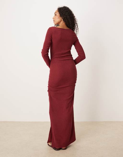 ASOS DESIGN slash neck long sleeve ruched textured midi dress in burgundy, 3 of 4
