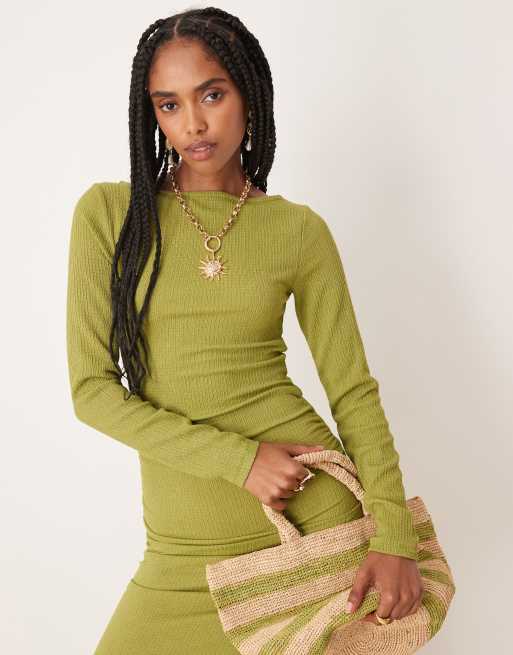 ASOS DESIGN slash neck long sleeve ruched textured midi dress in olive green
