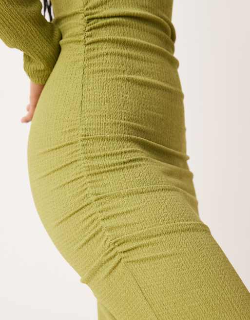 ASOS DESIGN slash neck long sleeve ruched textured midi dress in olive green