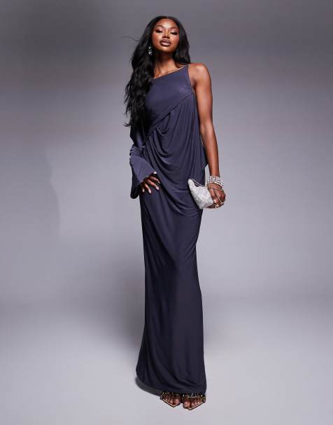 ASOS DESIGN slash neck long sleeve slouchy midi dress with diamante back trim in charcoal - view 1