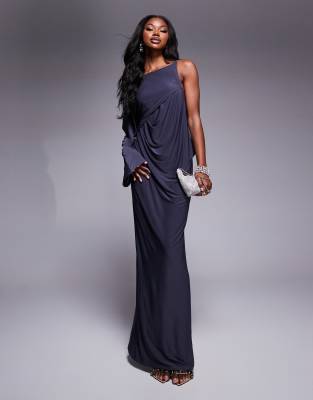 Asos Design Slash Neck Long Sleeve Slouchy Midi Dress With Rhinestone Back Trim In Charcoal-gray
