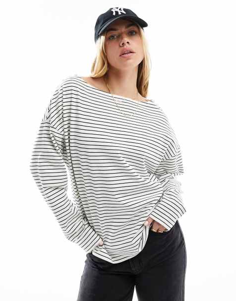 ASOS DESIGN slash neck long sleeve stripe t-shirt in black and white - view 1