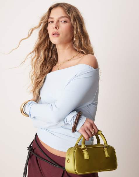 ASOS DESIGN slash neck long sleeve top in blue - view 1