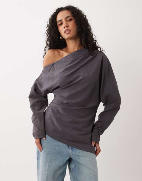 ASOS DESIGN slash neck long sleeve top in charcoal - view 1