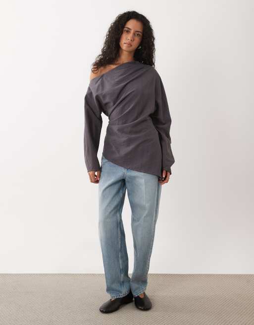 ASOS DESIGN slash neck long sleeve top in charcoal, 2 of 4