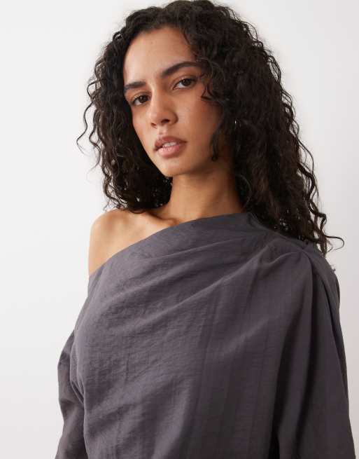 ASOS DESIGN slash neck long sleeve top in charcoal, 3 of 4