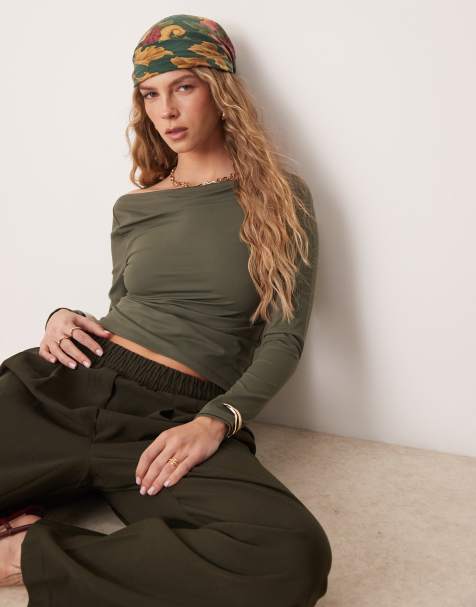ASOS DESIGN slash neck long sleeve top in forest green - view 1