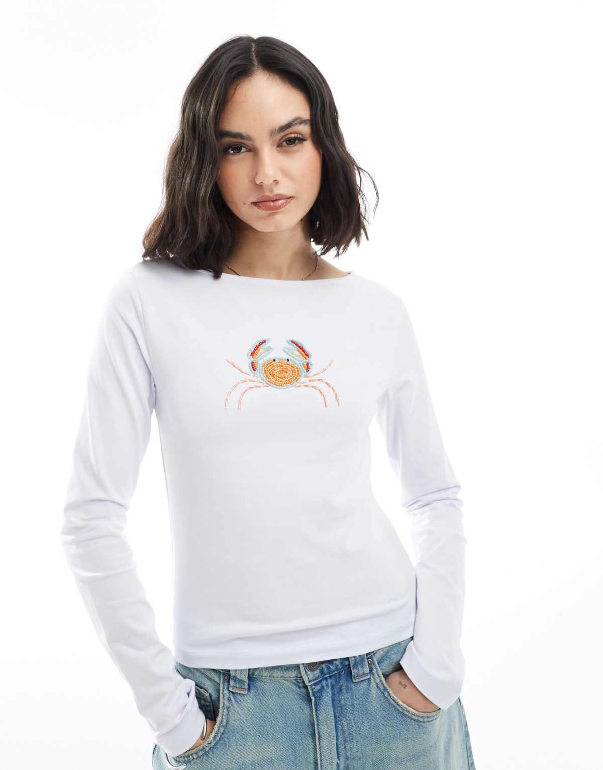 ASOS DESIGN slash neck long sleeve top with beaded crab motif in white