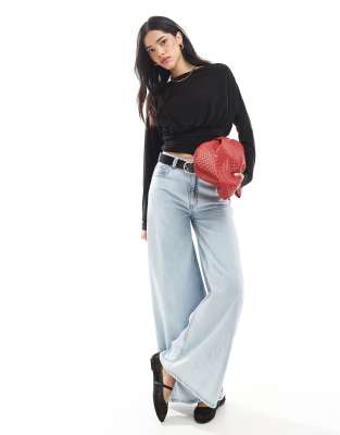 Asos Design Slash Neck Long Sleeve Top With Cinch Waist Detail In Black