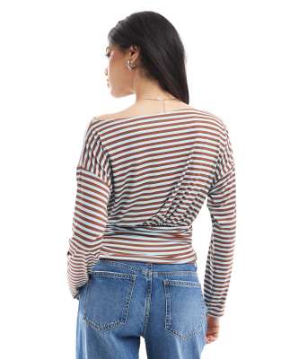 Asos Design Slash Neck Long Sleeve Top With Cinch Waist Detail In Multi