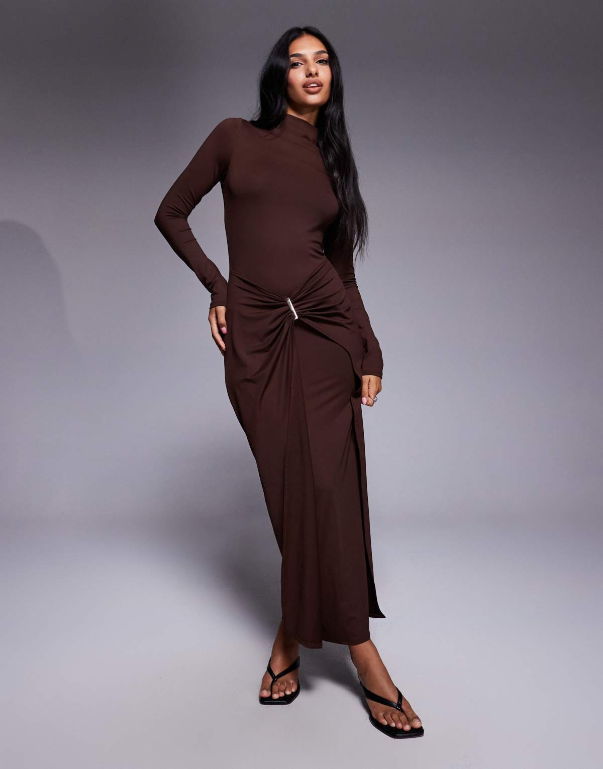 ASOS DESIGN slash neck long sleeve wrap hardware detai midi dress in chocolate