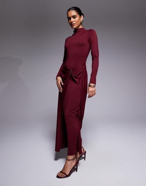 ASOS DESIGN slash neck long sleeve wrap hardware detail midi dress in burgundy - view 1