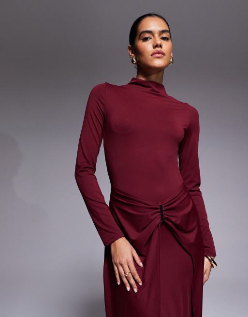 ASOS DESIGN slash neck long sleeve wrap hardware detail midi dress in burgundy