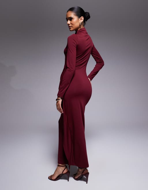 ASOS DESIGN slash neck long sleeve wrap hardware detail midi dress in burgundy, 3 of 4