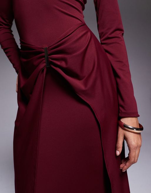 ASOS DESIGN slash neck long sleeve wrap hardware detail midi dress in burgundy