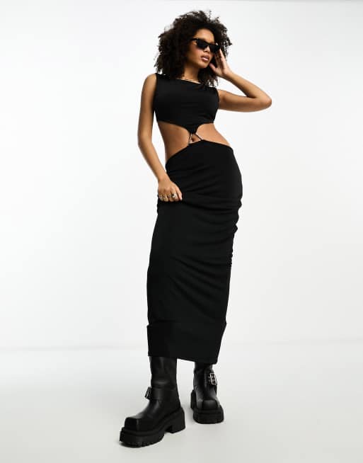 ASOS DESIGN slash neck maxi dress with cut out and metal triangle ring detail in black