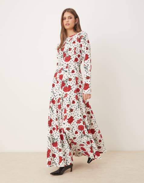 ASOS DESIGN slash neck maxi dress with full skirt in floral polkadot - view 1