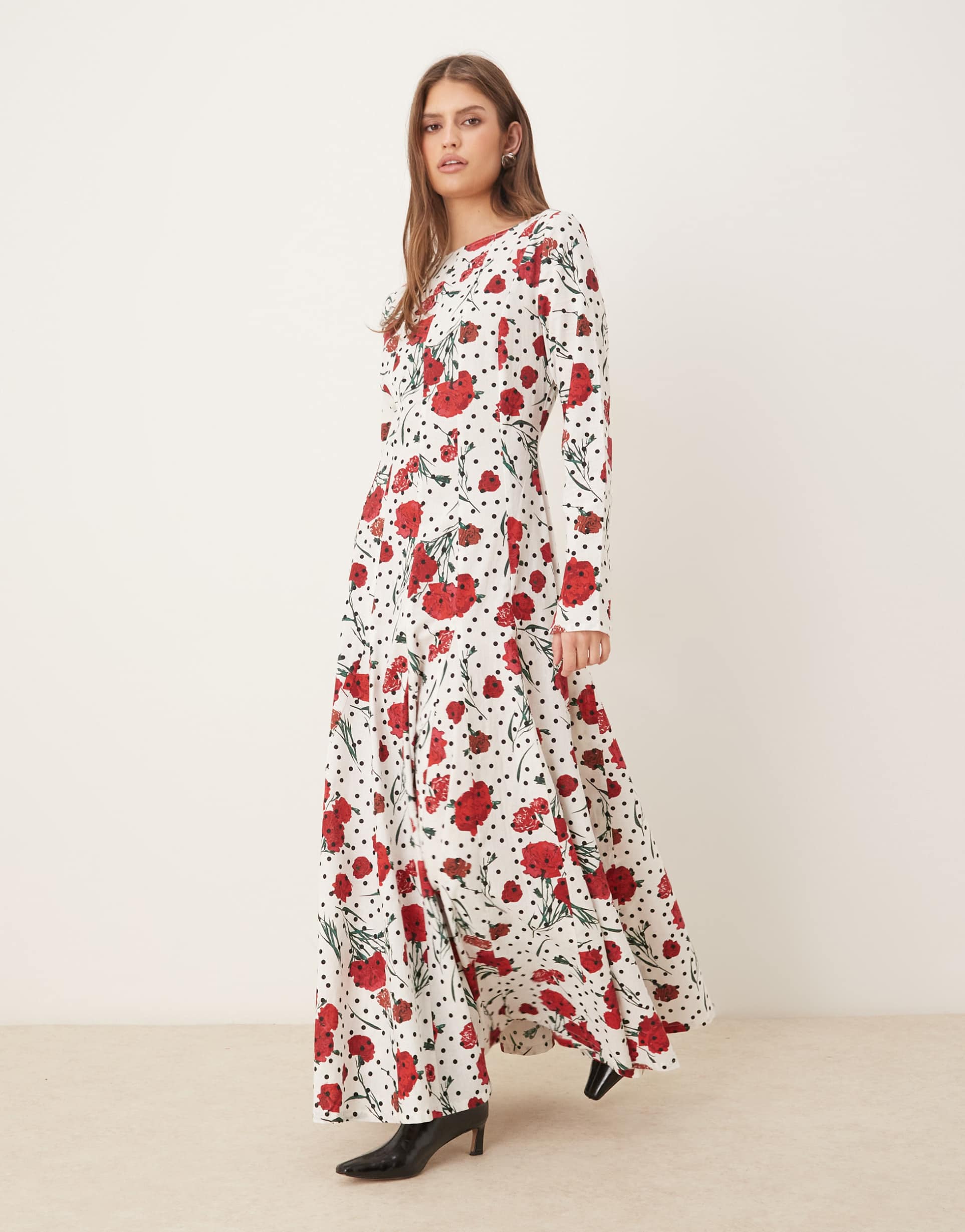 asos design slash neck maxi dress with full skirt in floral polkadot
