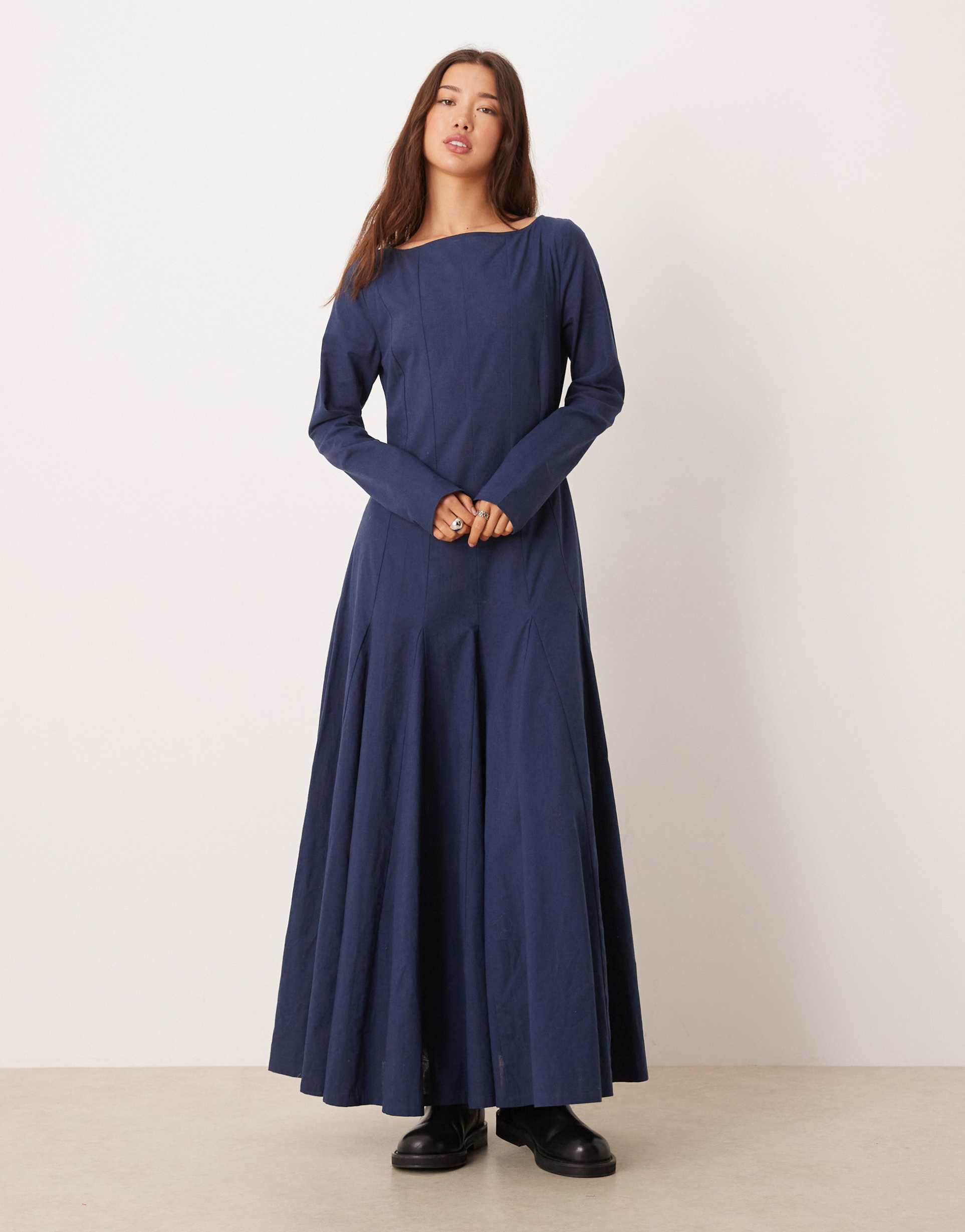 asos design slash neck maxi dress with full skirt in navy