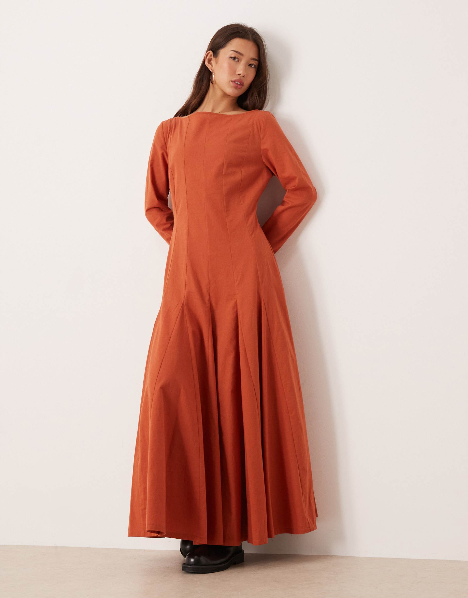 asos design slash neck maxi dress with full skirt in terracotta