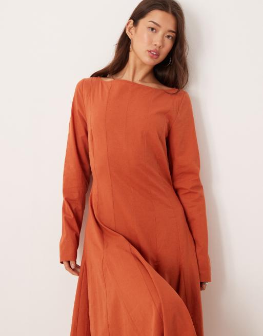 ASOS DESIGN slash neck maxi dress with full skirt in terracotta, 3 of 4