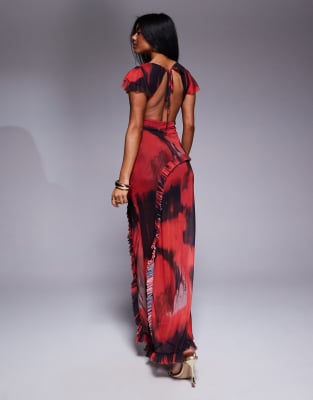 Asos Design Slash Neck Maxi Dress With Ruffle Sleeve And Frill Detail