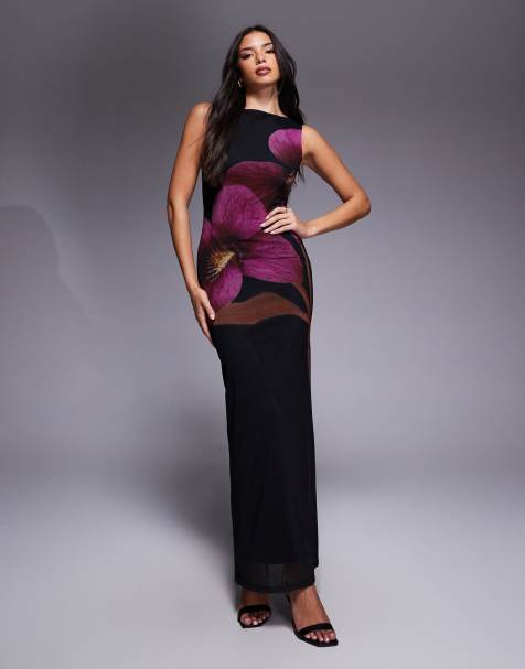 ASOS DESIGN slash neck mesh maxi dress with placement floral print in black - view 1