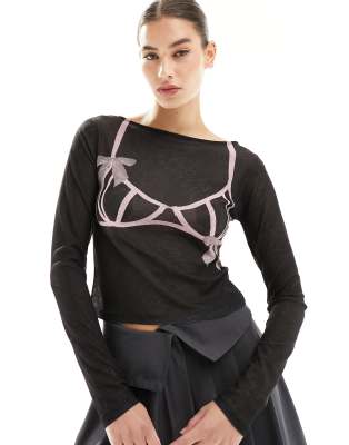 Asos Design Slash Neck Mesh Top With Bow Bra Graphic In Black