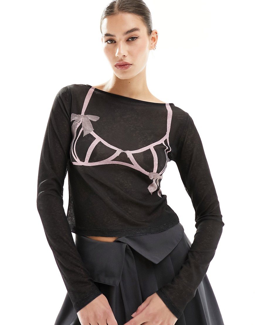 ASOS DESIGN slash neck mesh top with bow bra graphic in black