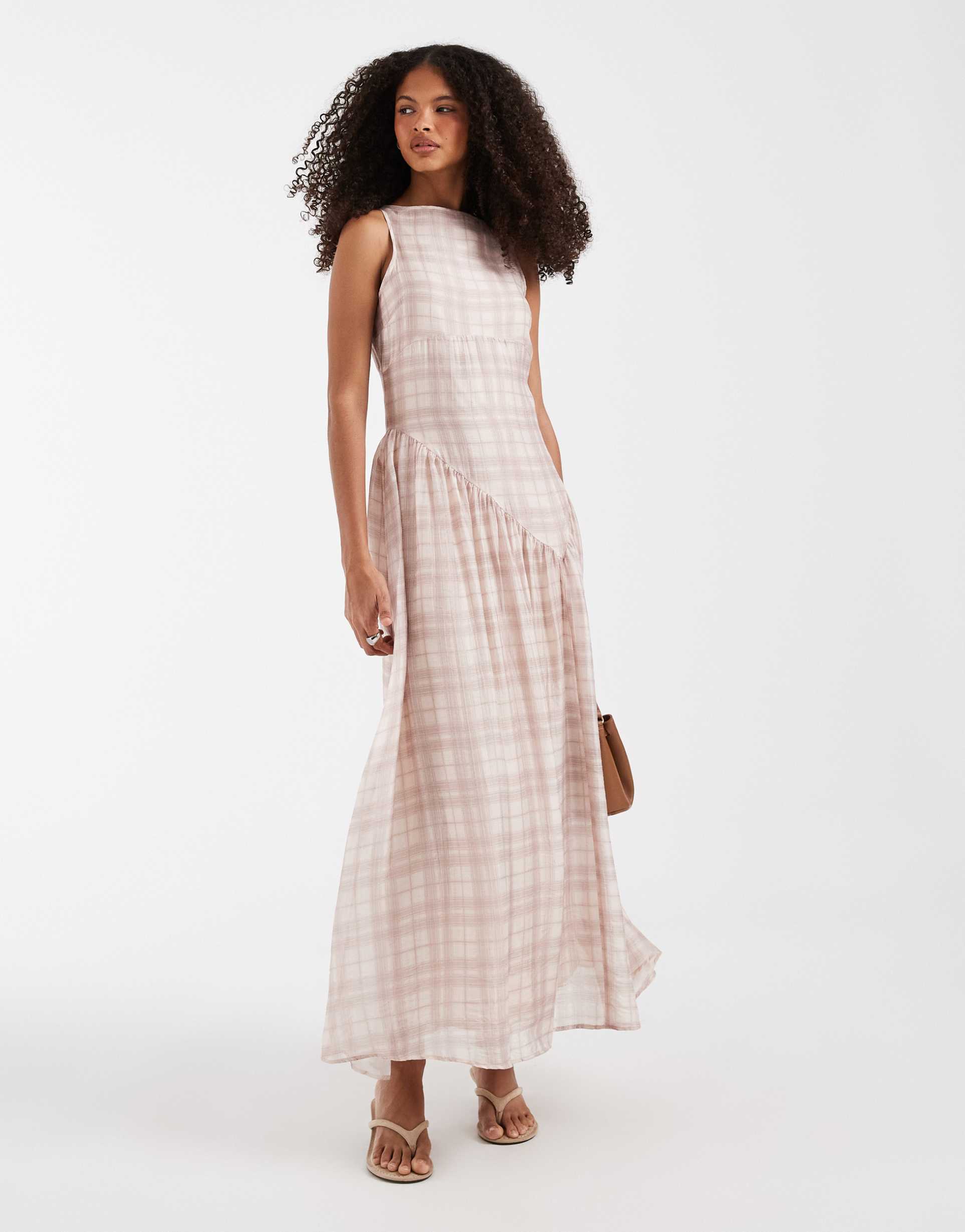 asos design slash neck midi dress with asymmetric hem in cream plaid