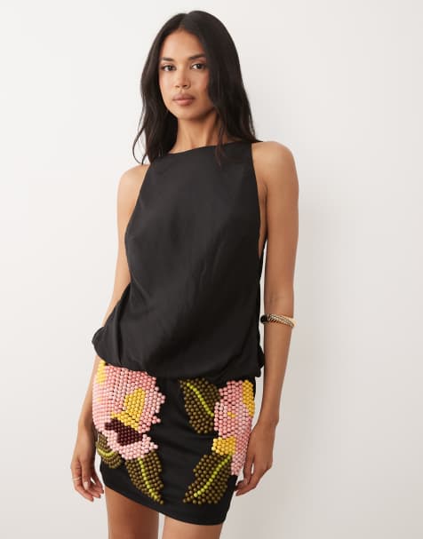 ASOS DESIGN slash neck mini dress with beaded skirt in black - view 1