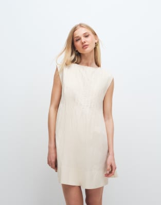 Asos Design Slash Neck Mini Dress With Pintucks In Neutral