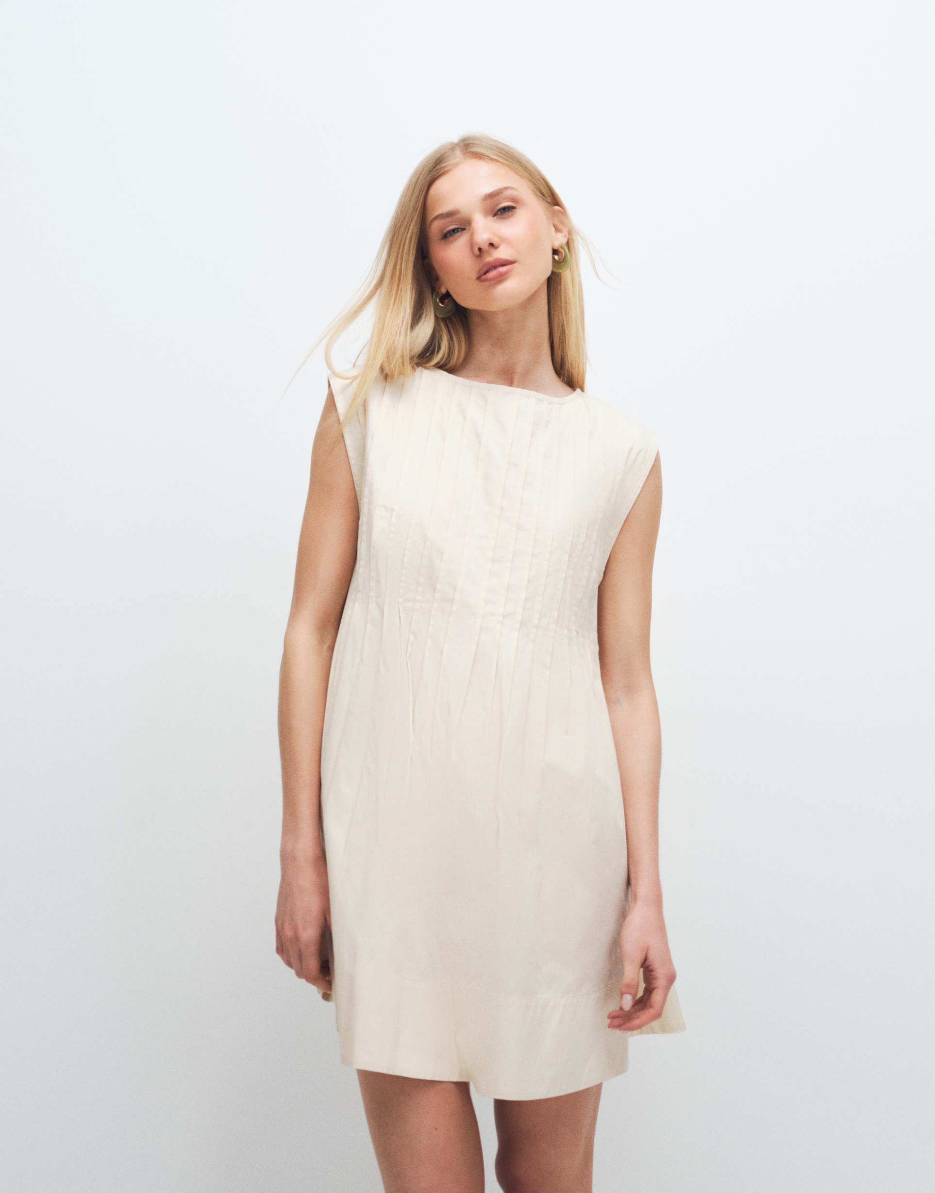 asos design slash neck mini dress with pintucks in cream