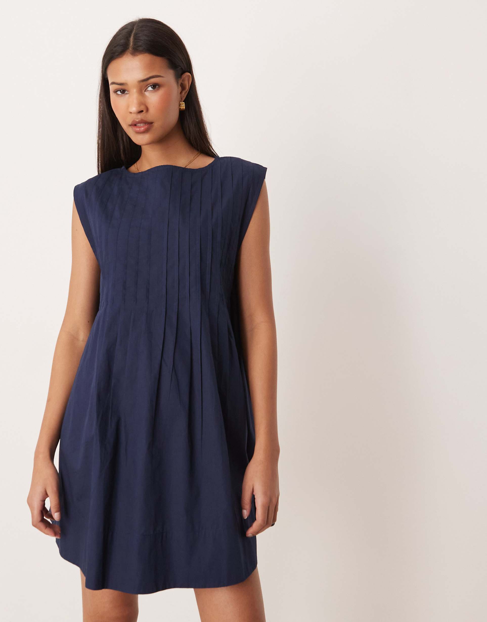 asos design slash neck mini dress with pintucks in navy