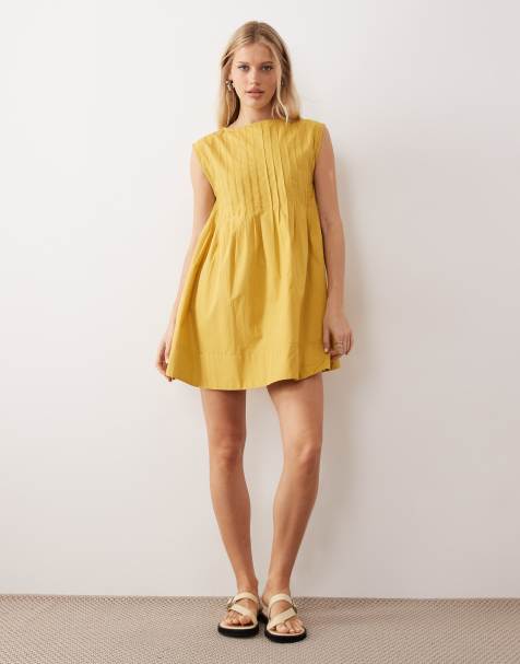 ASOS DESIGN slash neck mini dress with pintucks in ocher - view 1