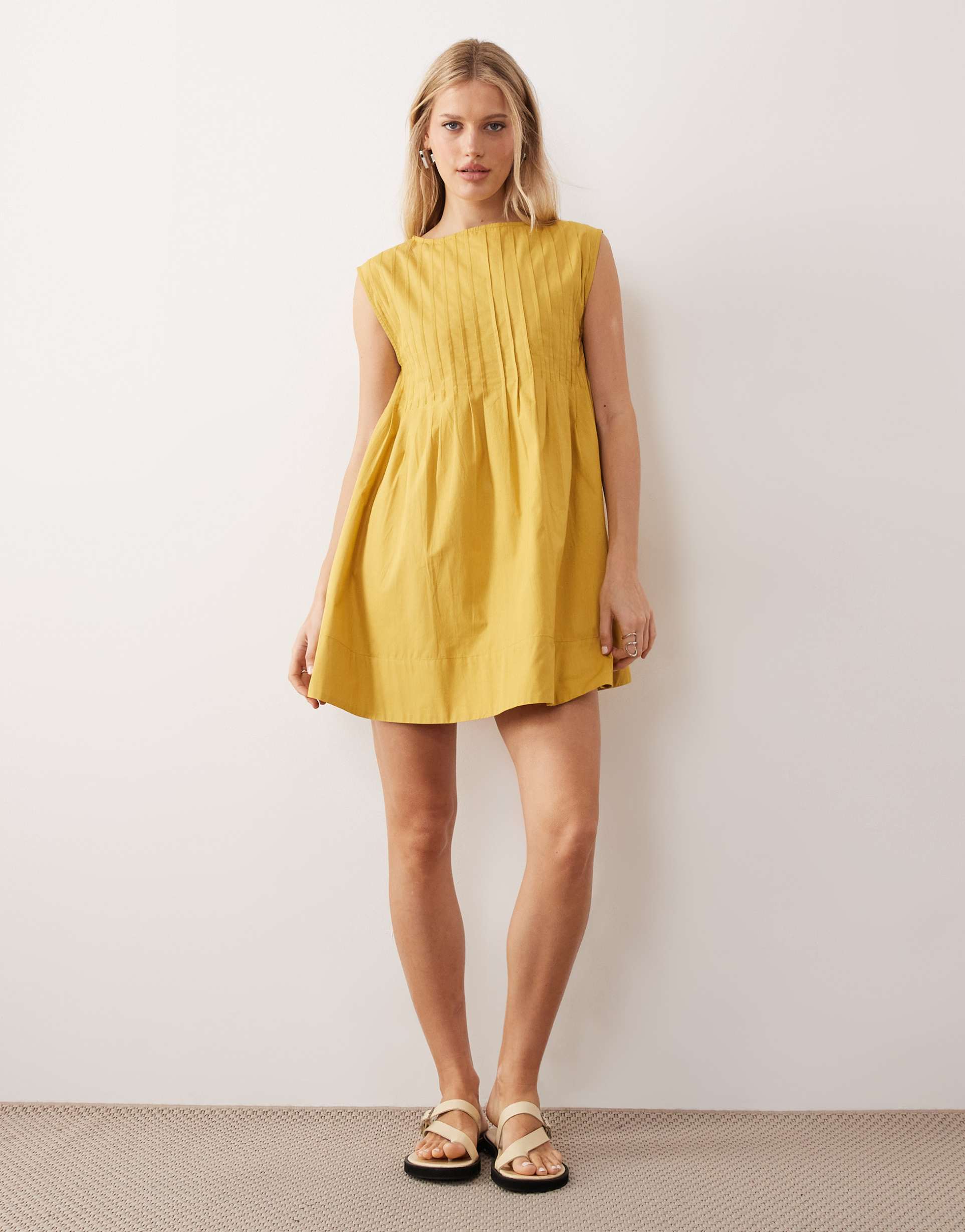 asos design slash neck mini dress with pintucks in ocher