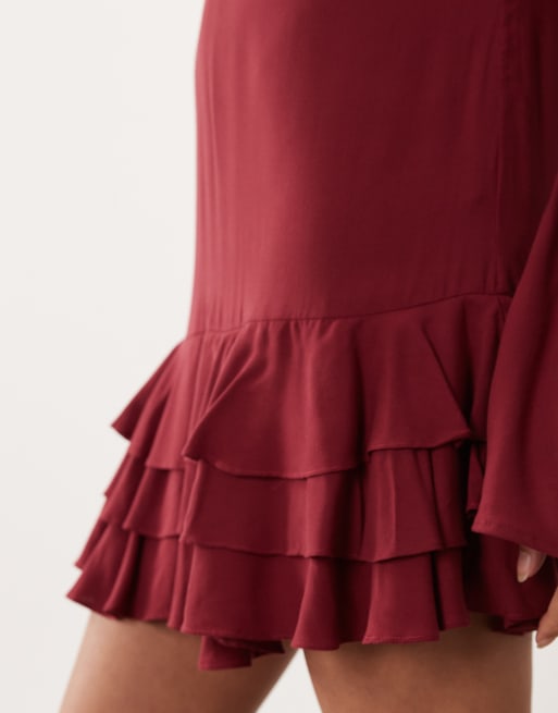 ASOS DESIGN slash neck mini dress with ruffle skirt in berry, 3 of 4