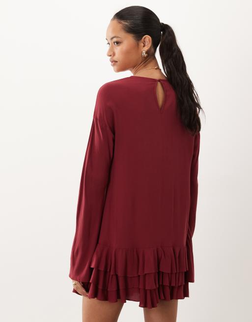ASOS DESIGN slash neck mini dress with ruffle skirt in berry, 4 of 4
