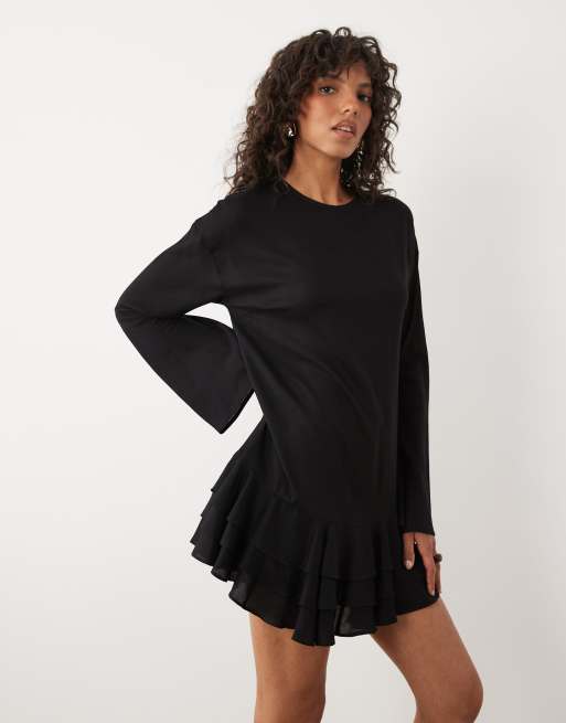 ASOS DESIGN slash neck mini dress with ruffle skirt in black, 2 of 4