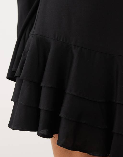 ASOS DESIGN slash neck mini dress with ruffle skirt in black, 3 of 4