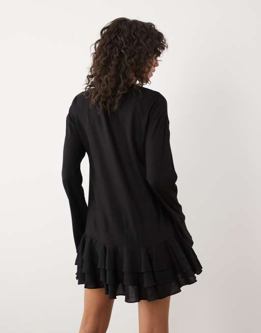 ASOS DESIGN slash neck mini dress with ruffle skirt in black, 4 of 4