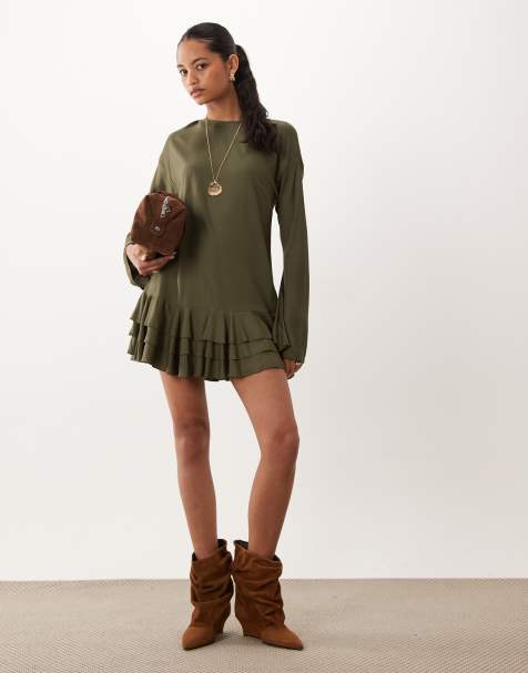 ASOS DESIGN slash neck mini dress with ruffle skirt in khaki - view 1
