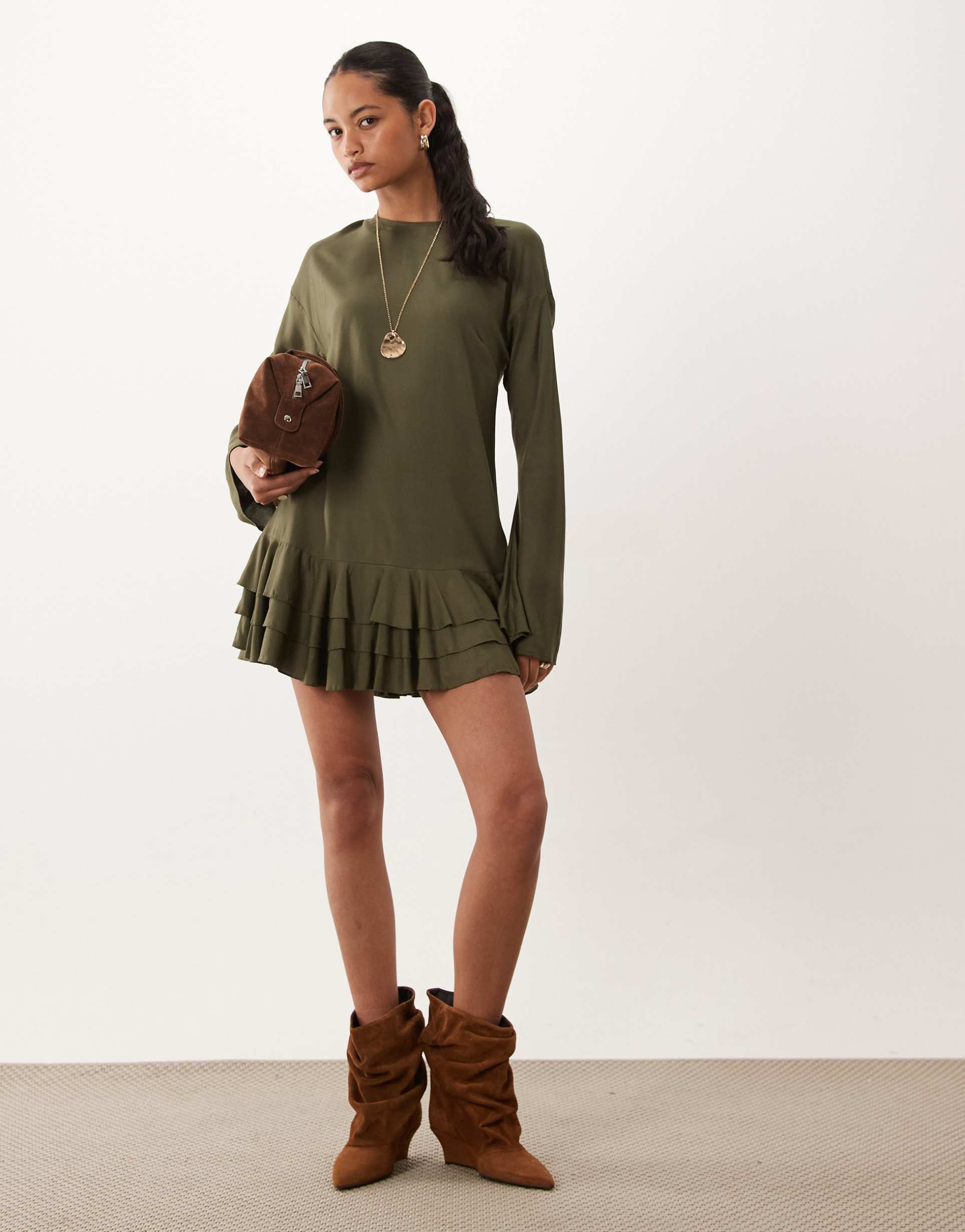 asos design slash neck mini dress with ruffle skirt in khaki