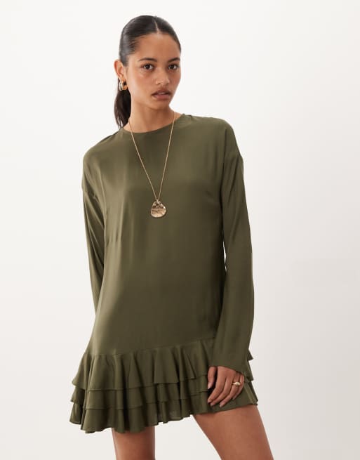 ASOS DESIGN slash neck mini dress with ruffle skirt in khaki, 2 of 4