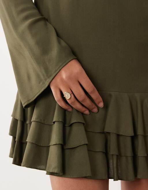 ASOS DESIGN slash neck mini dress with ruffle skirt in khaki, 3 of 4