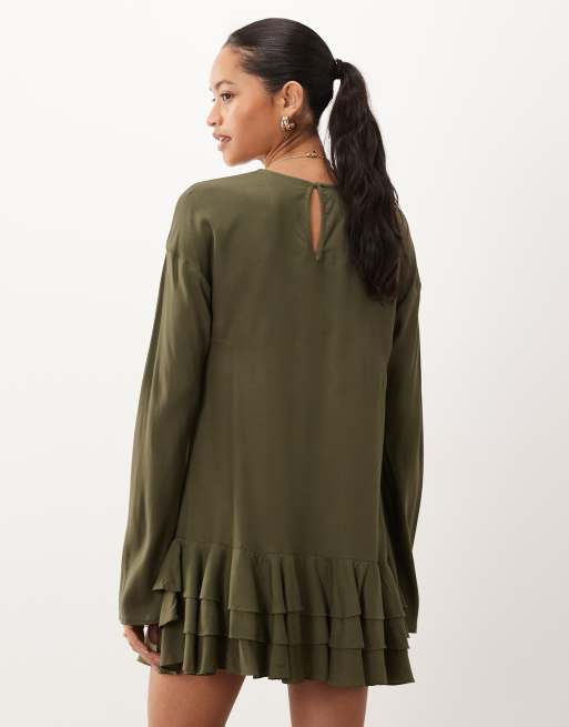 ASOS DESIGN slash neck mini dress with ruffle skirt in khaki, 4 of 4