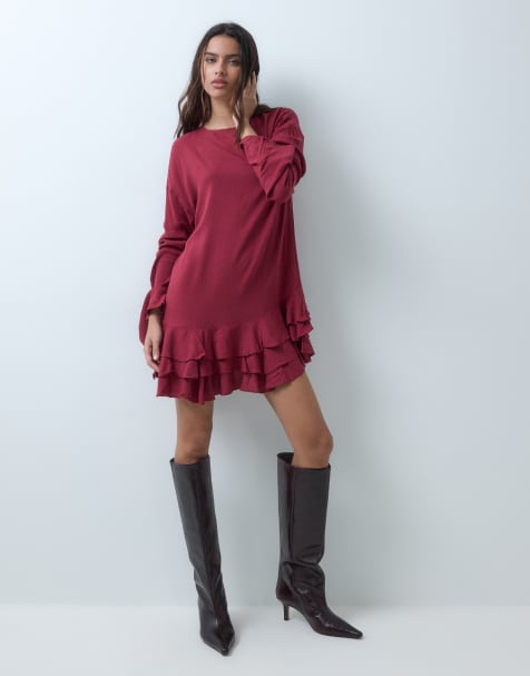 ASOS DESIGN slash neck mini dress with ruffle skirt in red - view 1