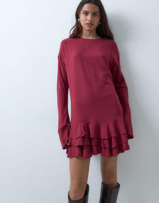 ASOS DESIGN slash neck mini dress with ruffle skirt in red, 2 of 5