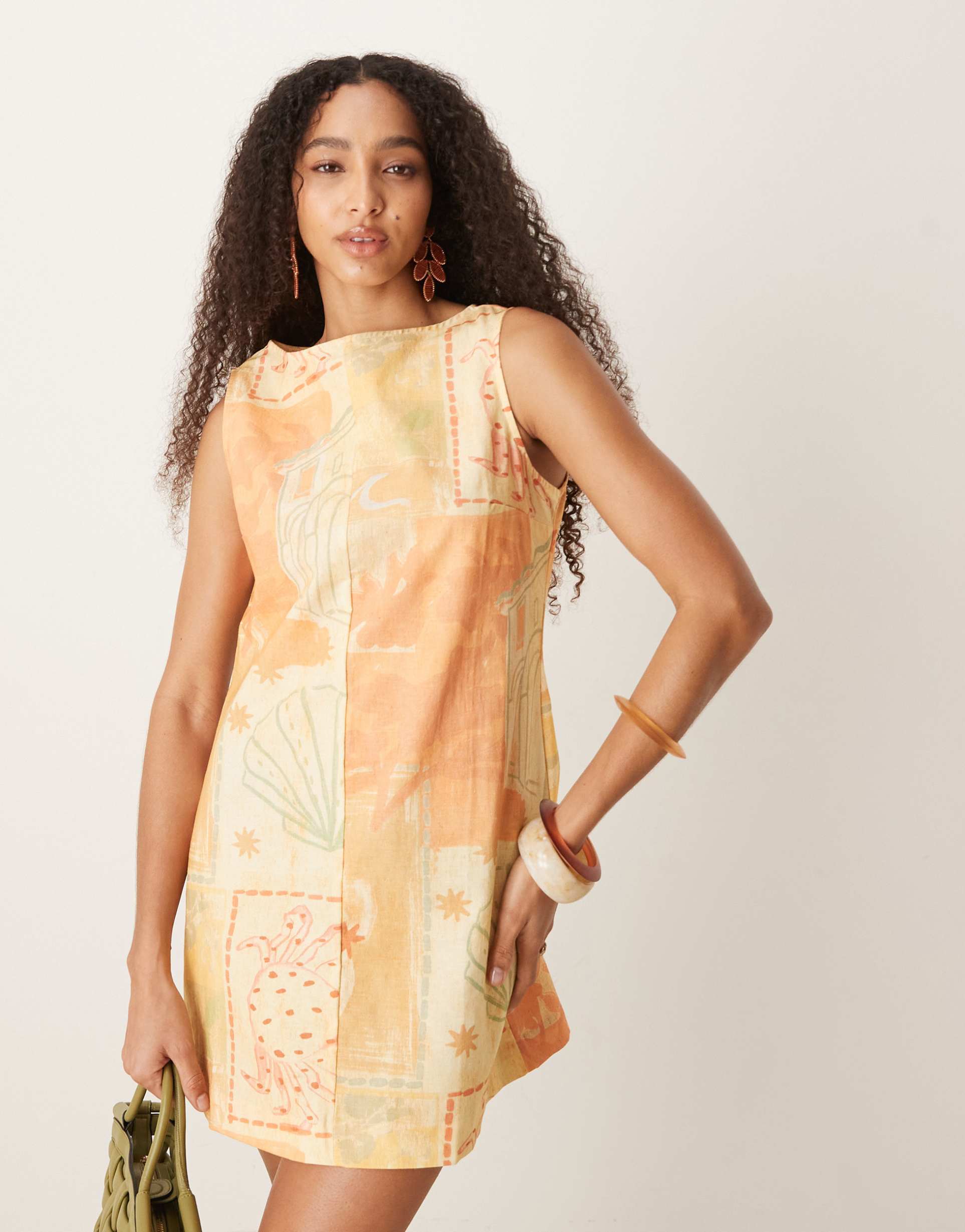 asos design slash neck mini shift dress in vintage beach print