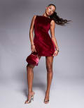 [ASOS DESIGN] ASOS DESIGN slash neck mini sleeveless velvet dress in raspberry-Red XS Raspberry